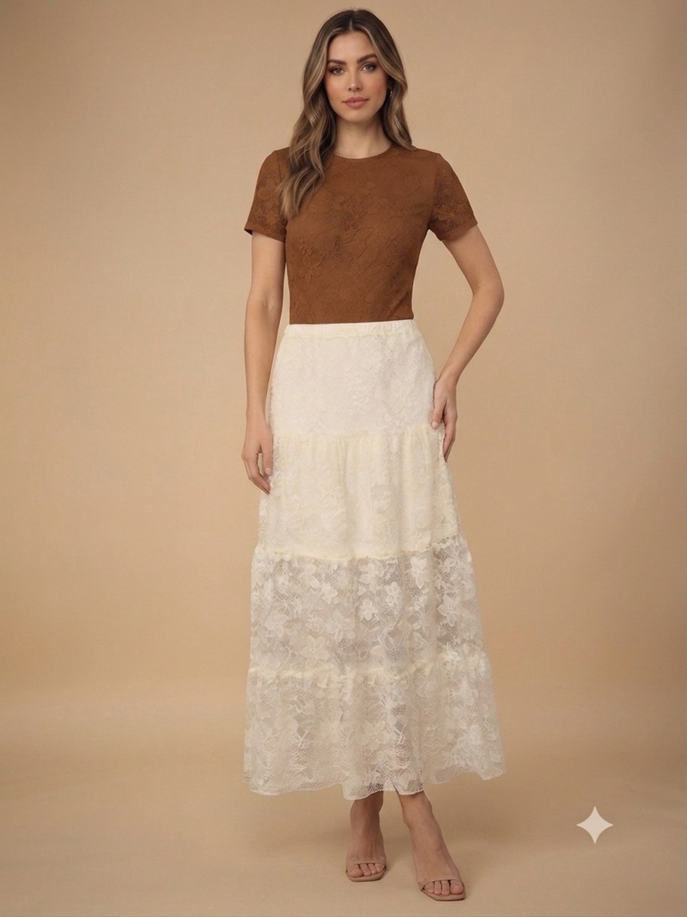 Vigoss Cream Tiered Lace Maxi Skirt